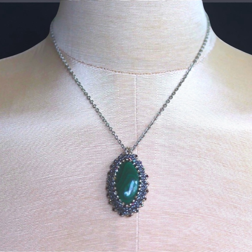 Malachite Bead Embroidered Pendant Necklace